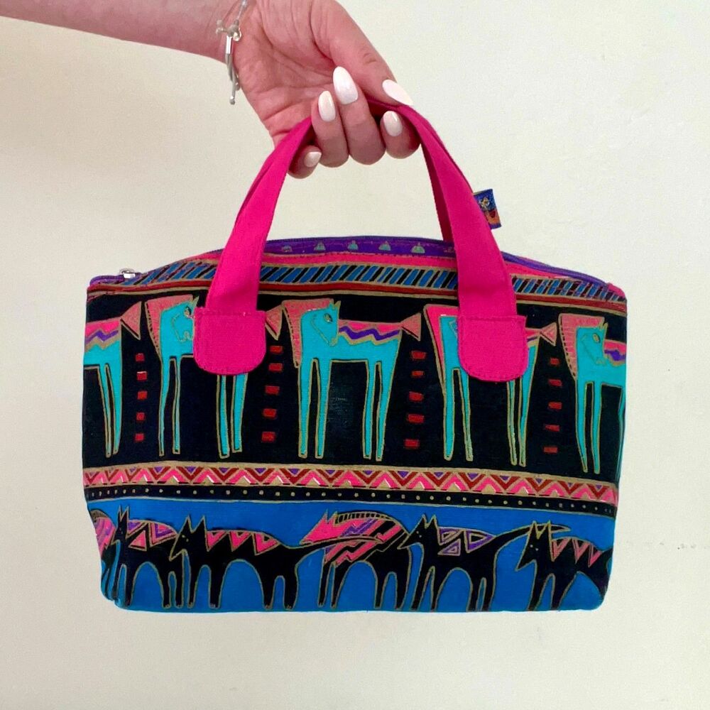 Vintage 80s Laurel Burch Mythical Dancing Horses Neon Canvas Tote Whimsy Handbag